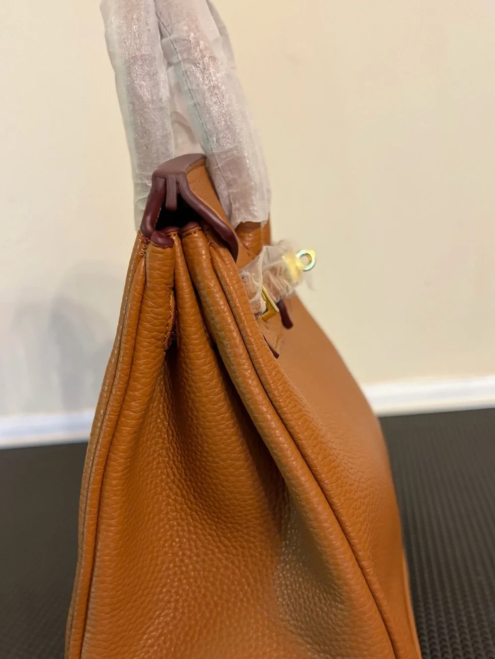 Brown/Tan Real Leather Top-Handle Bag with Gold Hardware